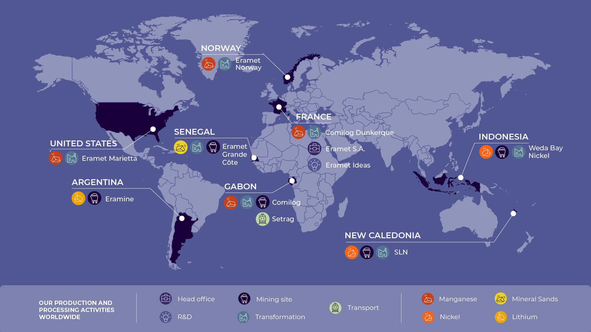 Map of Eramet sites and subsidiaries