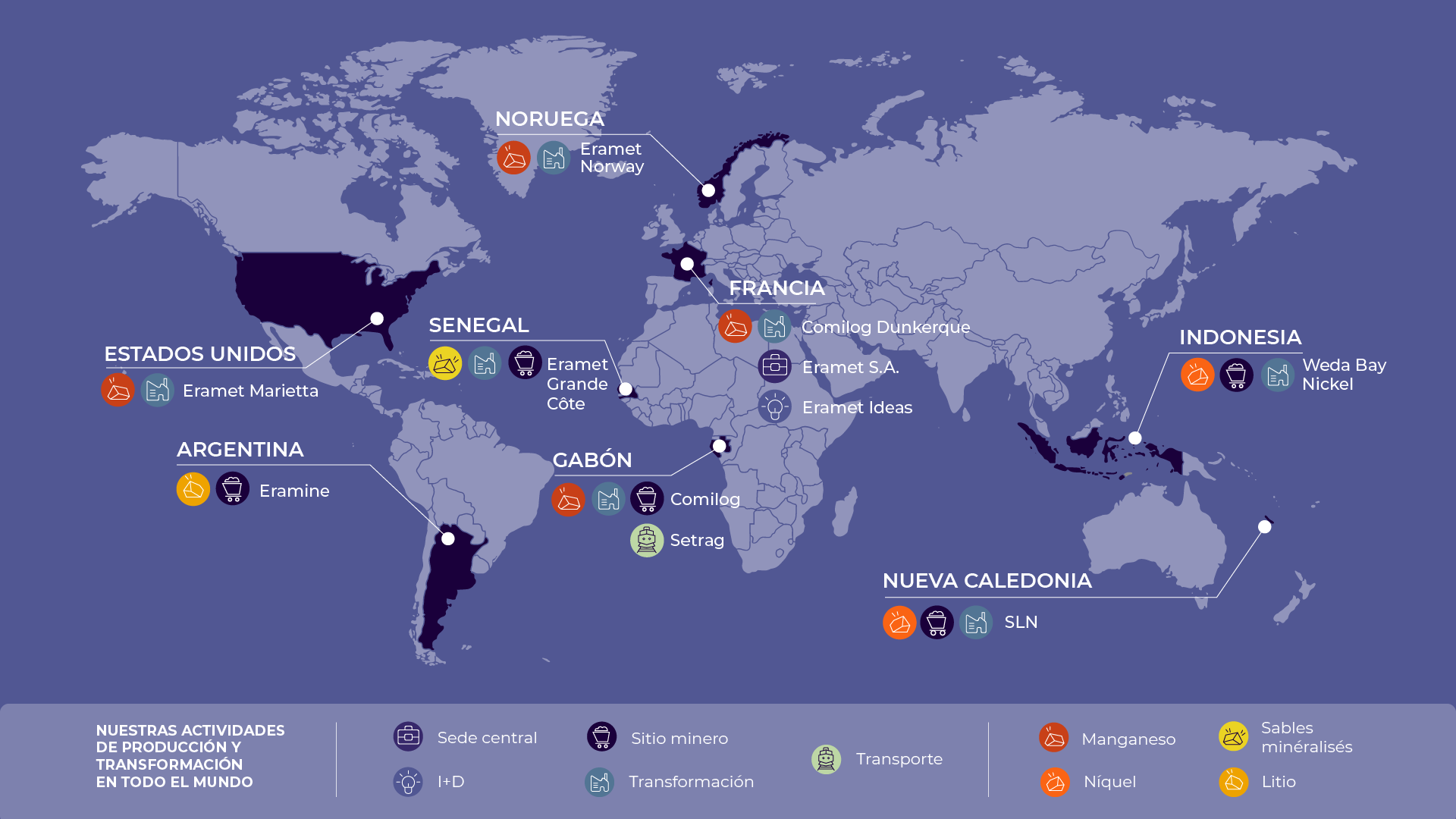 Mapa de los emplazamientos de Eramet y sus filiales